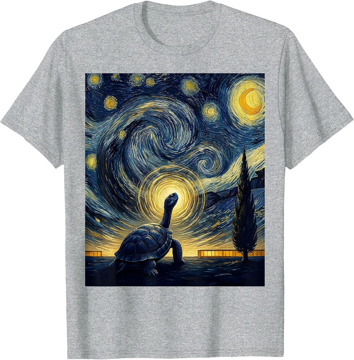 Men's Night Turtle Van Gogh Whimsical Pet Lover Art T-Shirt - Heather Grey