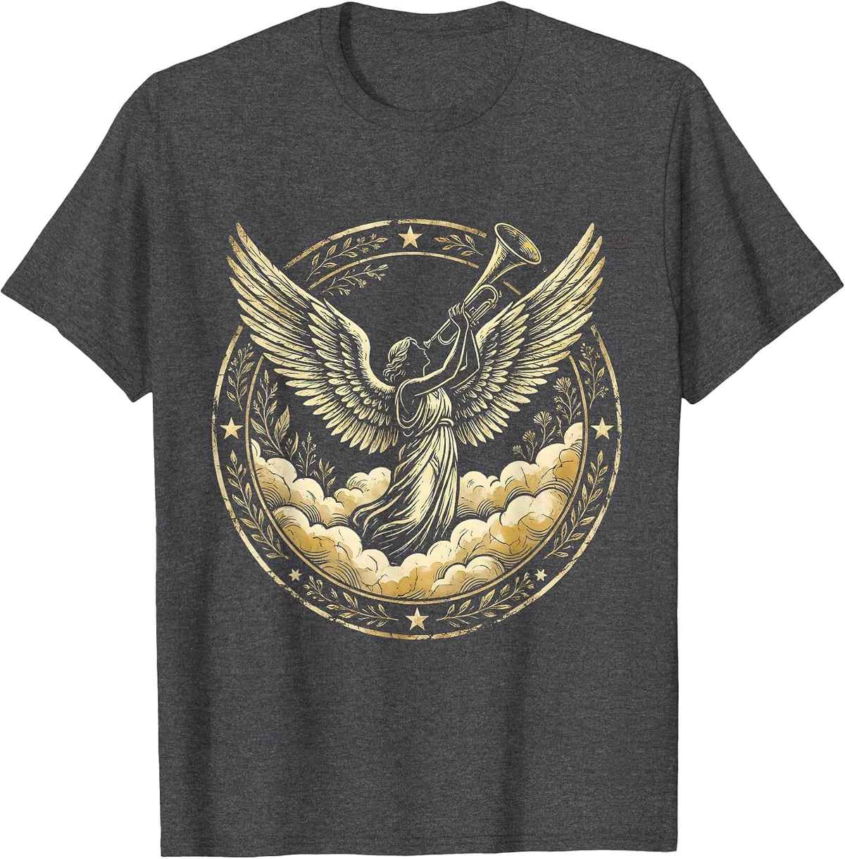Make Heaven Crowded Trumpet Angel Clouds Design T-Shirt - Dark Heather Grey