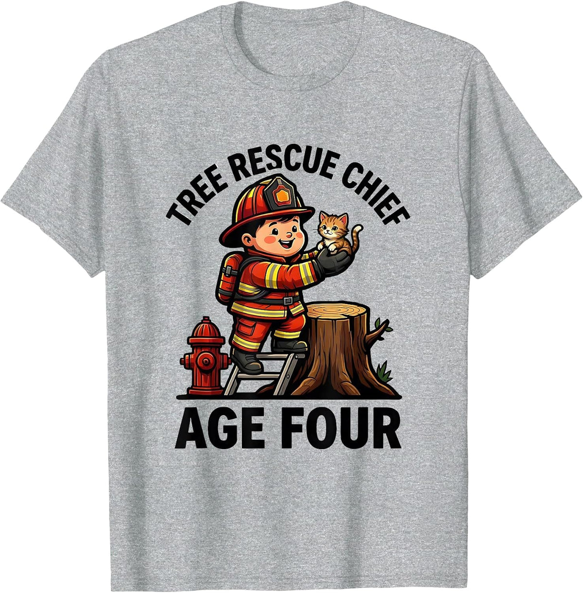 Men's Tree Rescue Chief Age Four Cute Toddler Firefighter Birthday T-Shirt - Heather Grey