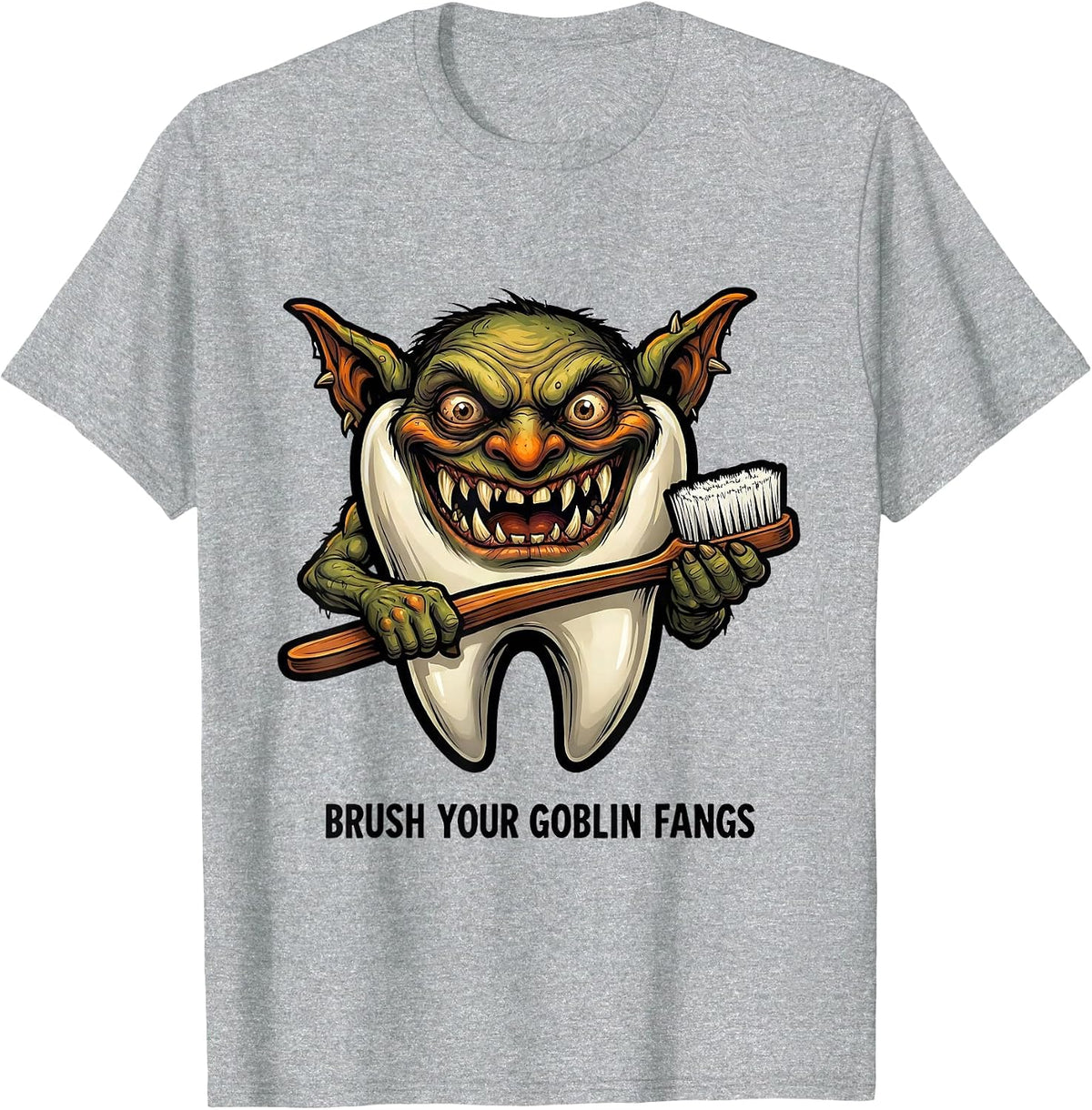 Men's Brush Your Goblin Fangs Funny Dentist Halloween Dental T-Shirt - Heather Grey