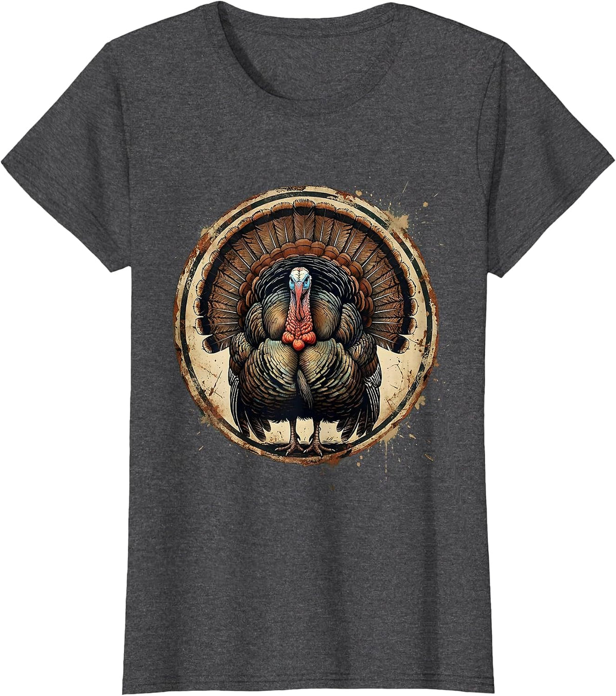 Women's Turkey Fan Spread Full Strut Hunting Illustration T-Shirt - Dark Heather Grey