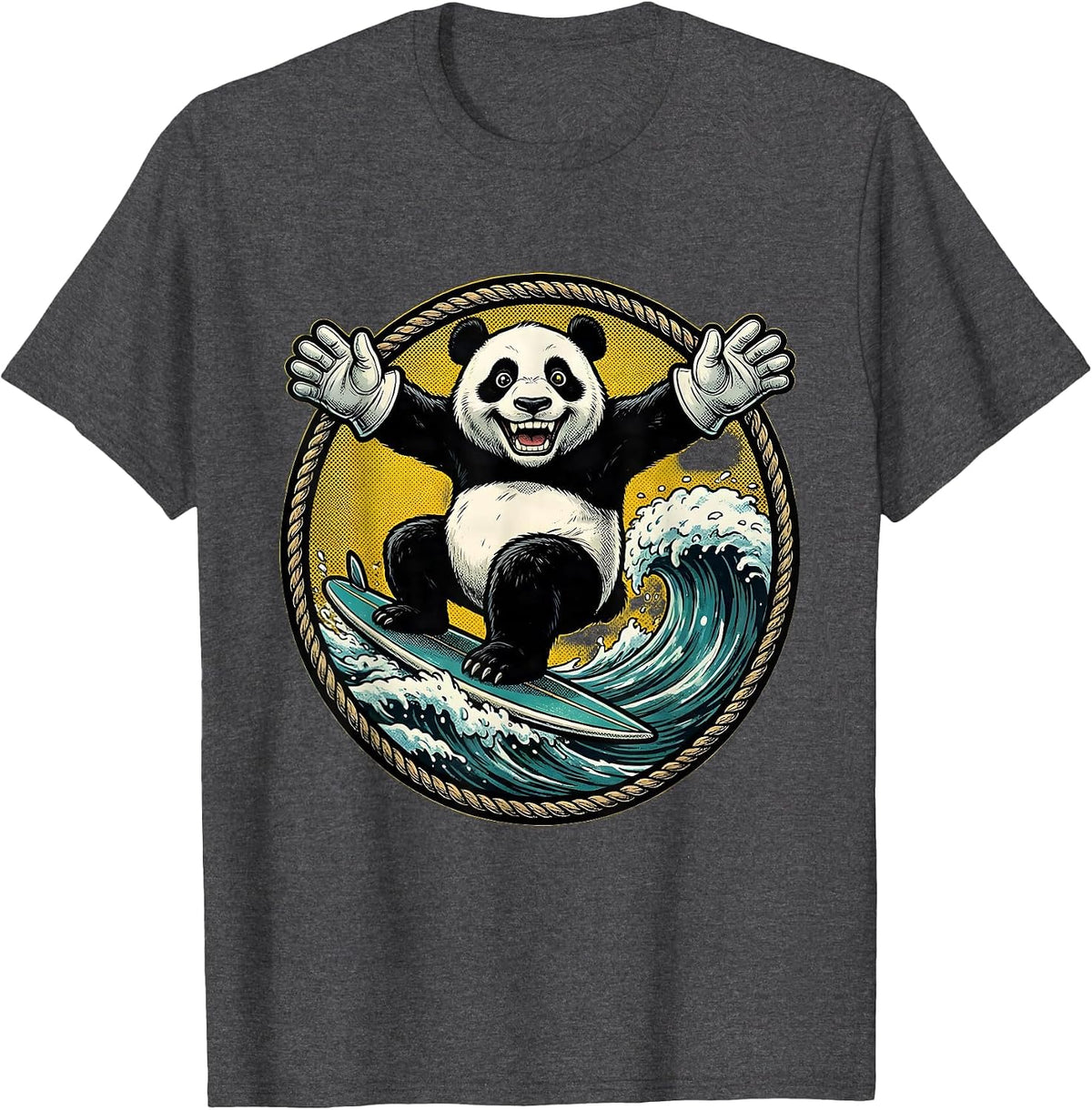 Men's Panda Surfing Ocean Wave Graphic Tee T-Shirt - Dark Heather Grey