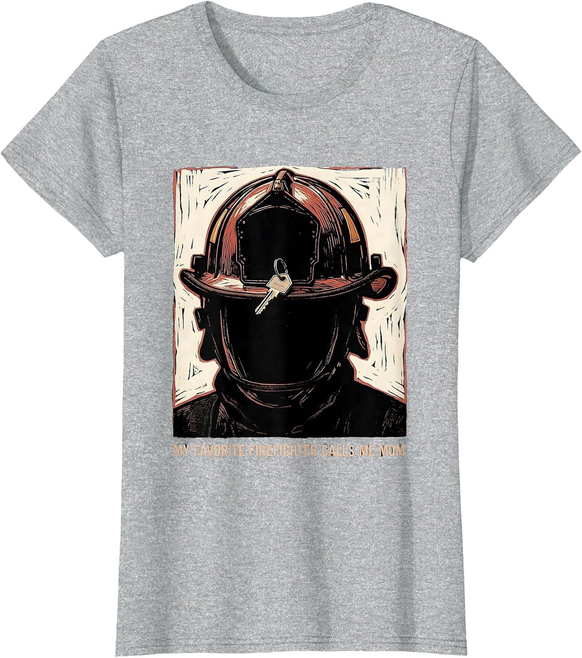 Women's My Favorite Firefighter Calls Me Mom Linocut Thin Red Line T-Shirt - Heather Grey