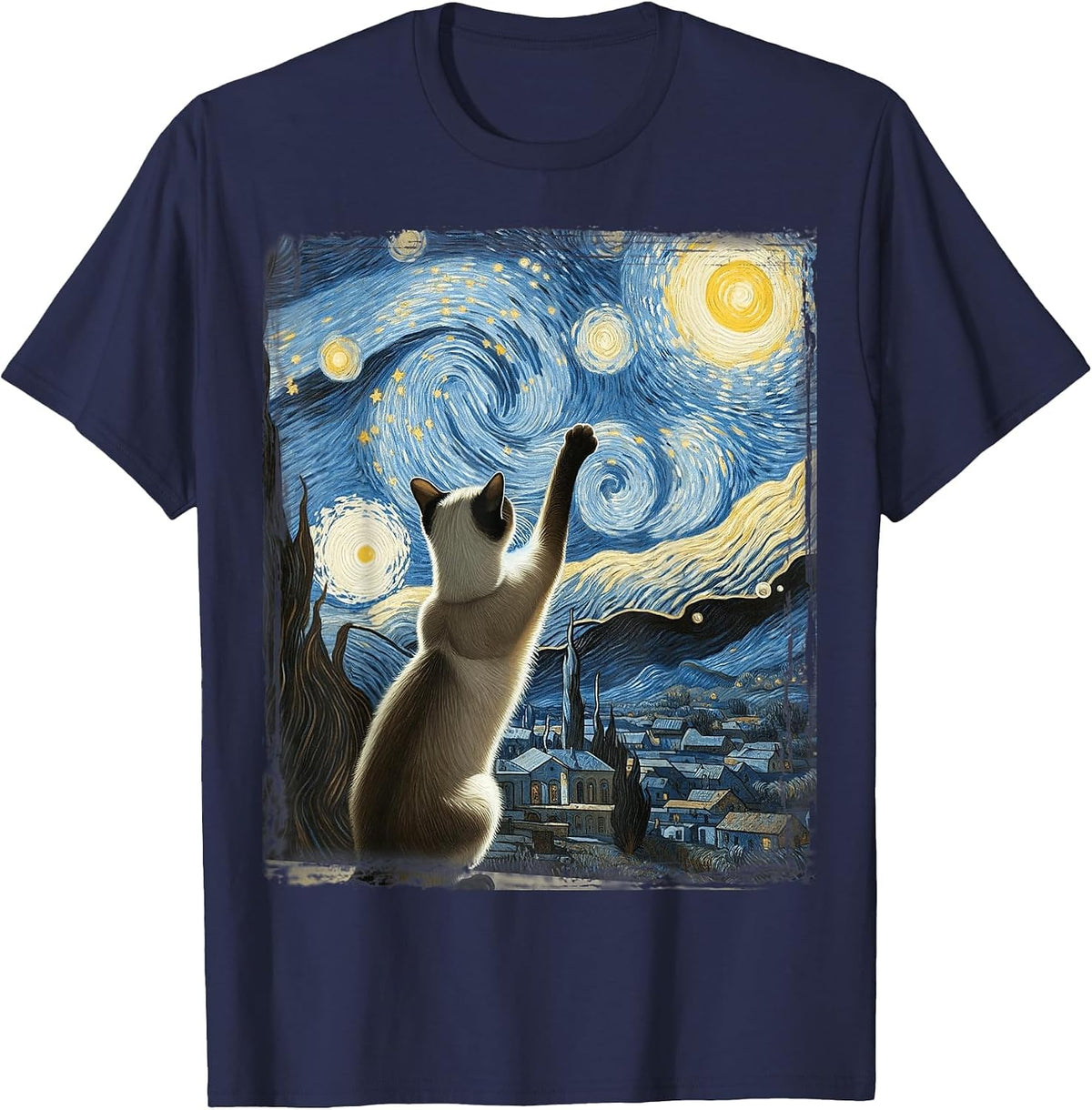 Van Gogh Starry Night Style Artistic Siamese Cat T-Shirt - Navy Blue