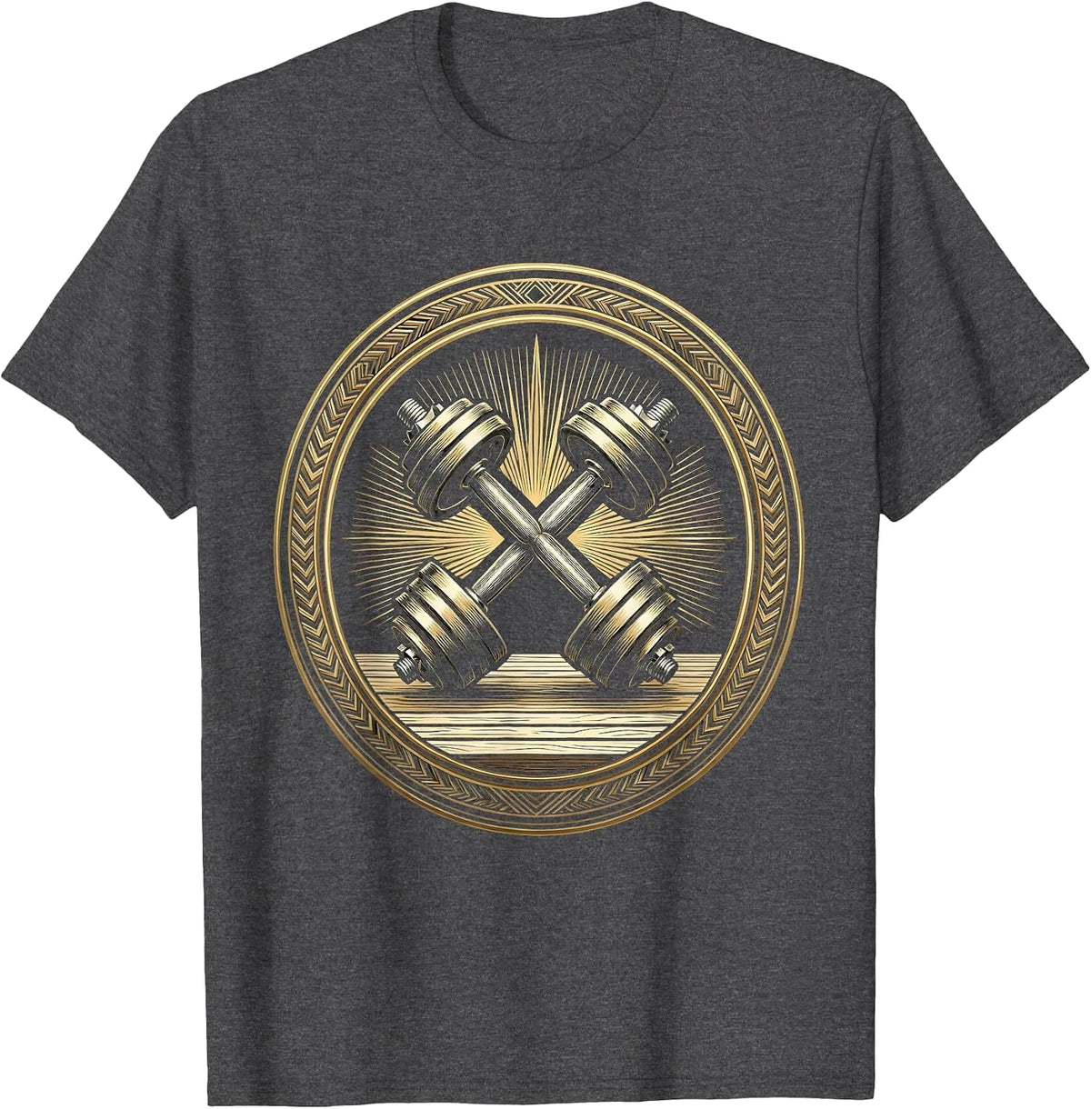 Vintage Classic Dumbbell Weights Gym Illustration T-Shirt - Dark Heather Grey