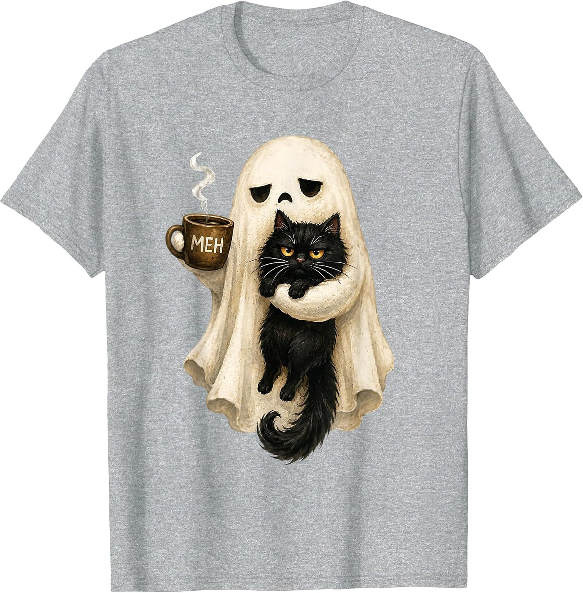 Ghost Cat Spooky Black Cat Funny Halloween Coffee Lover T-Shirt Tee for Women Men - Heather Grey