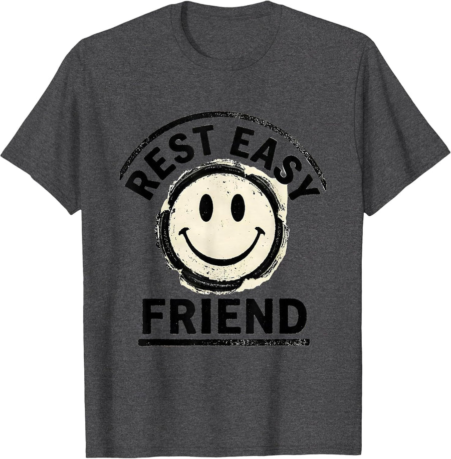 Men's Rest Easy Friend Rubber Stamp Retro Smile Face Vintage T-Shirt - Dark Heather Grey