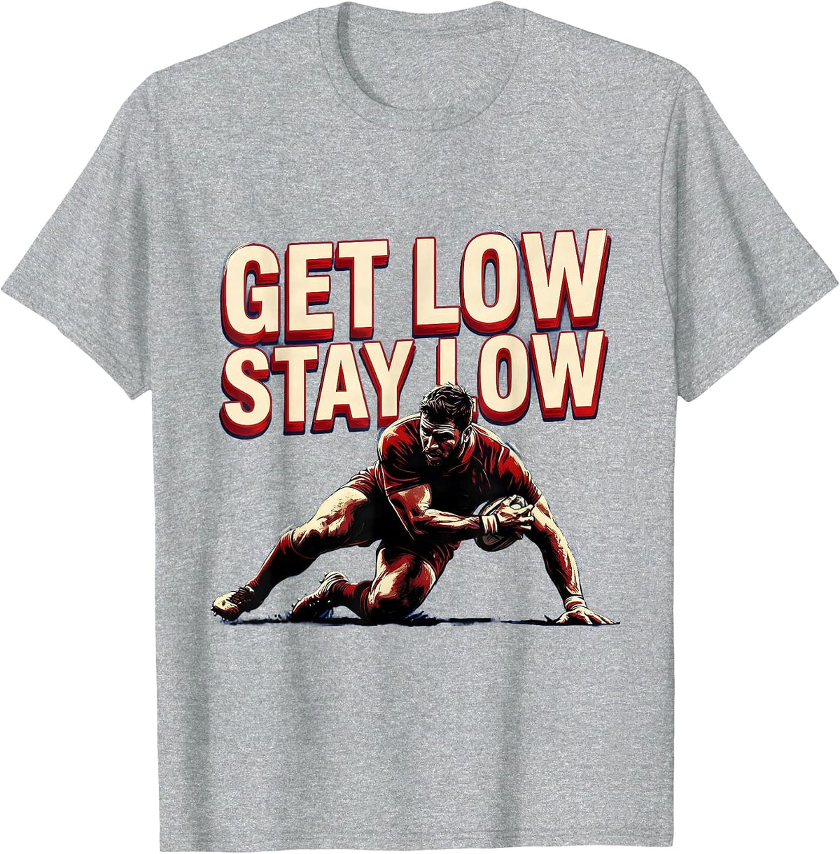 Men's Get Low Stay Low Rugby Scrum Design T-Shirt - Heather Grey