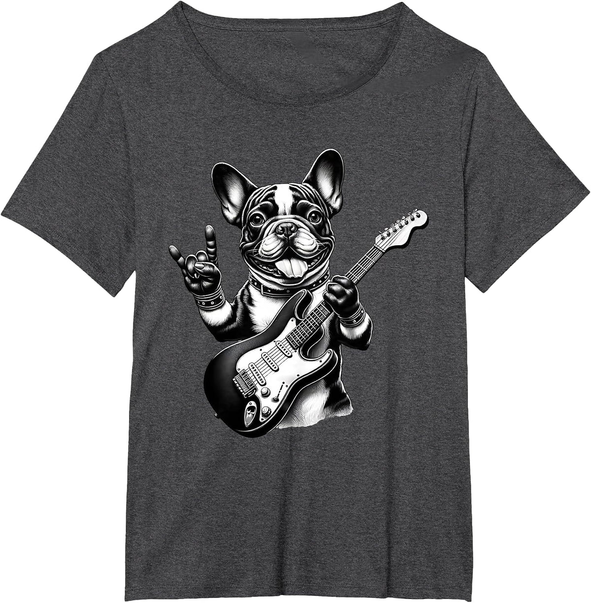 French Bulldog Playing Electric Guitar Rock Star Frenchie T-Shirt - Dark Heather Grey