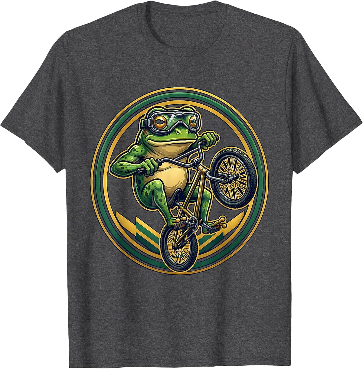 Frog On A Bike Wheelie Goggle Cycling Tee T-Shirt - Dark Heather Grey