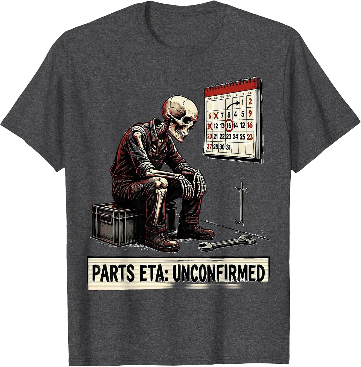 Men's Parts ETA: Unconfirmed Funny Skeleton Mechanic Auto Repair T-Shirt - Dark Heather Grey