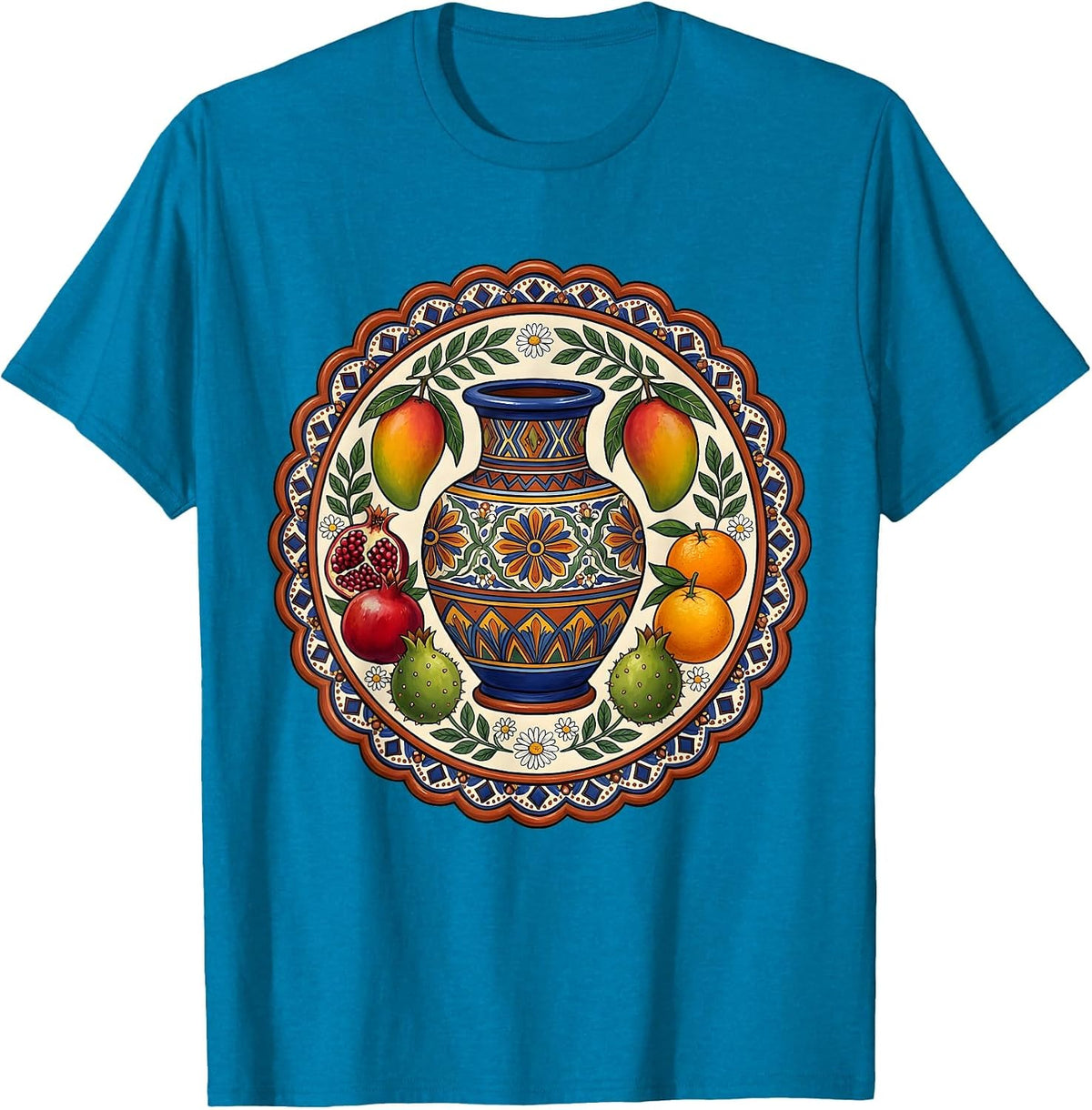 Mamacita Vintage Mexican Pottery and Fresh Fruit Art T-Shirt - Sapphire Blue