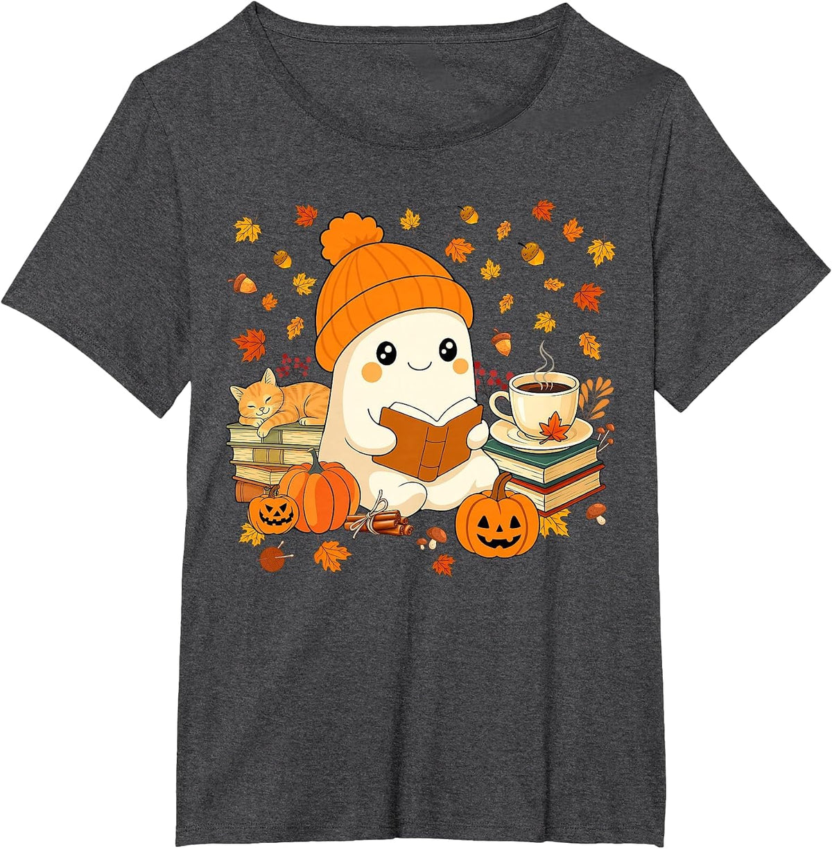 Cute Ghost Reading Book Lovers Autumn Fall Halloween Ghost T-Shirt - Dark Heather Grey