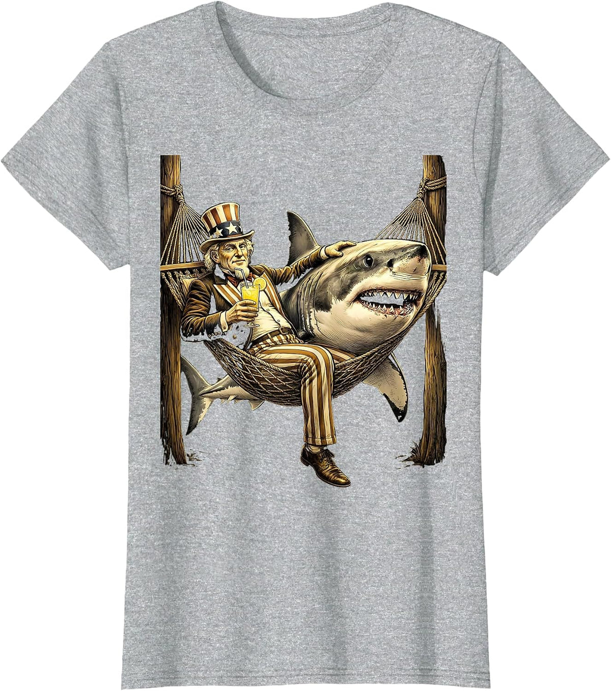 Shark Relaxing in Hammock with Lemonade T-Shirt - Heather Grey