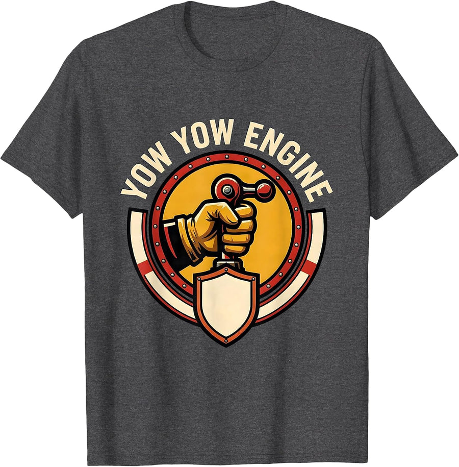 Men's Yow Yow Engine Funny Firefighter Humor Badge Emblem T-Shirt - Dark Heather Grey
