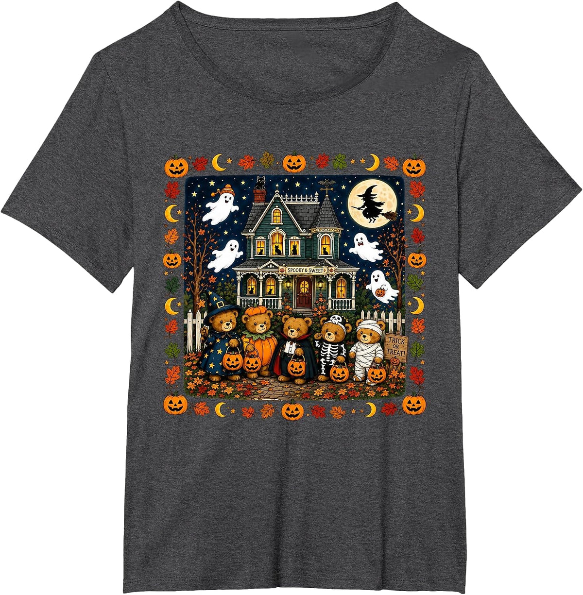Cute Halloween Teddy Bears House Scene T-Shirt - Dark Heather Grey
