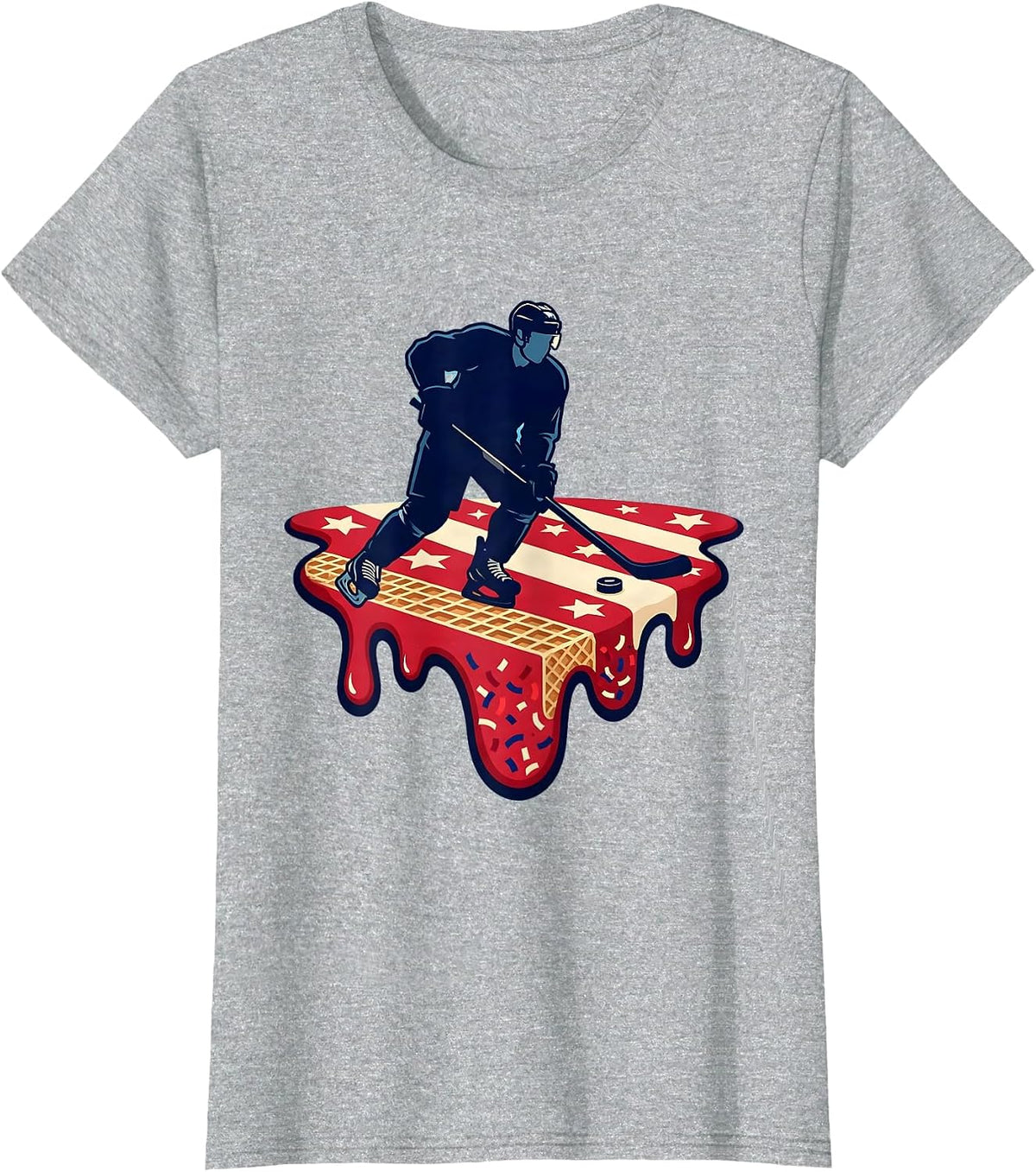 Women's Hockey Skater Ice Cream Drip Patriotic Boys 4th Of July T-Shirt - Heather Grey