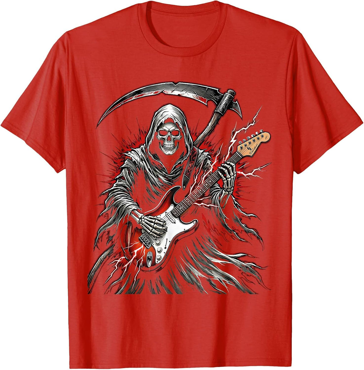 Men's Grim Reaper Electric Guitar Rock Halloween Design T-Shirt - Red