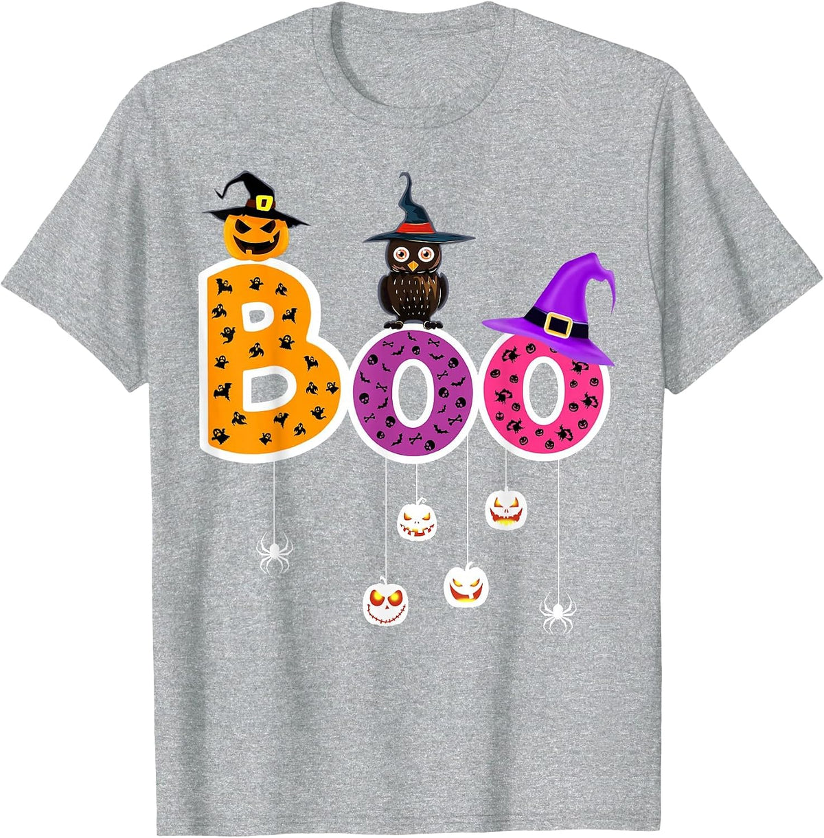 Boo Halloween Costume Spiders Ghosts Pumkin & Witch Hat T-Shirt - Heather Grey