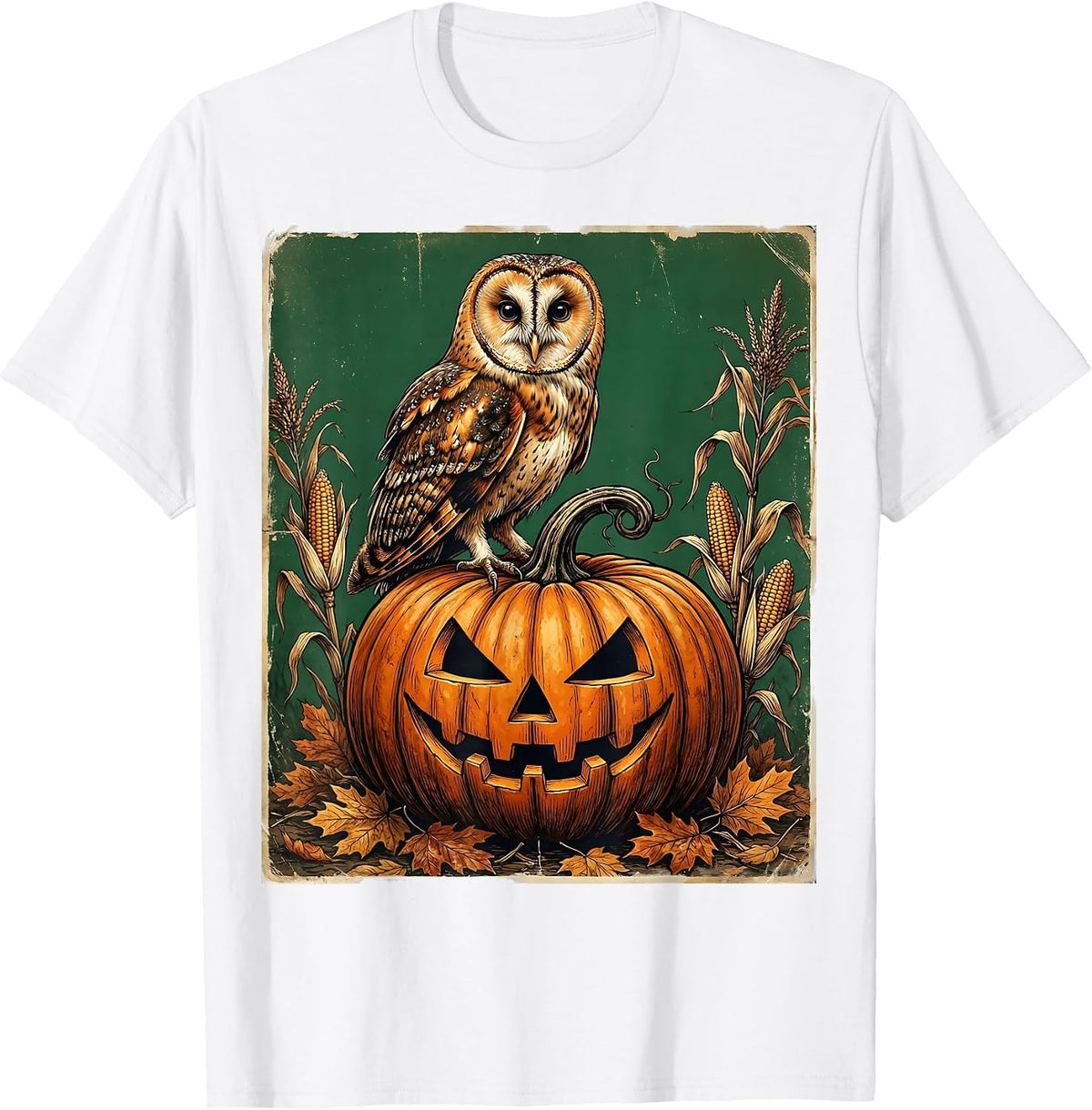 Men's Owl on Glowing Pumpkin Halloween Illustration T-Shirt - White