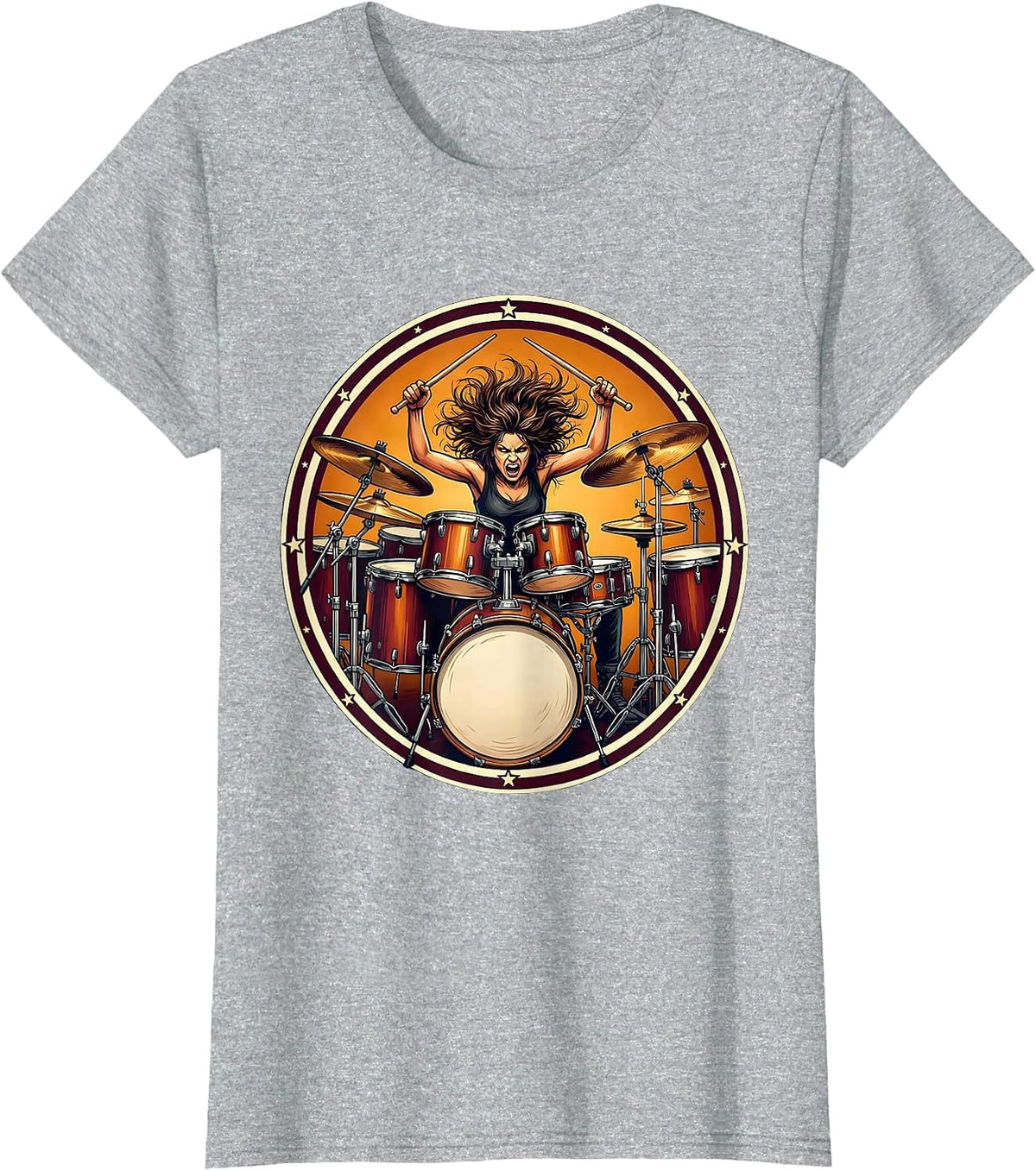 Drummer Girl Behind Massive Drum Kit Illustration T-Shirt - Heather Grey