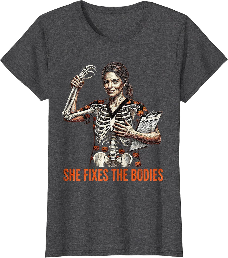 Women's Halloween Couples Physical Therapist Hers Design T-Shirt - Dark Heather Grey