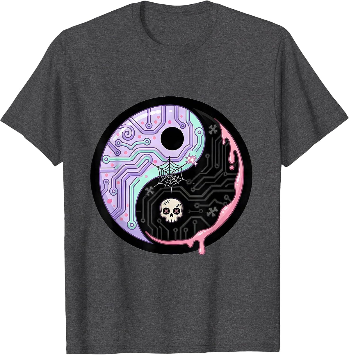 Y2K Circuit Board Yin Yang Graphic Tee T-Shirt - Dark Heather Grey