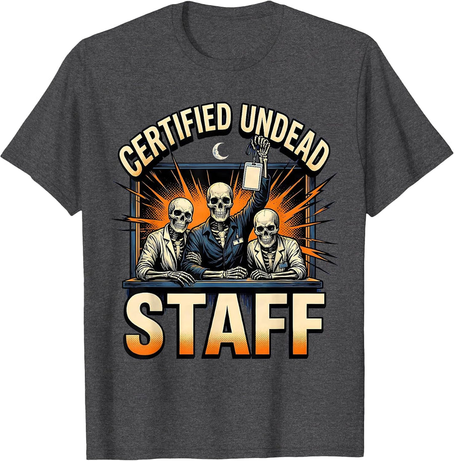 Men's Certified Undead Staff Funny Pharmacy Technician Halloween T-Shirt - Dark Heather Grey