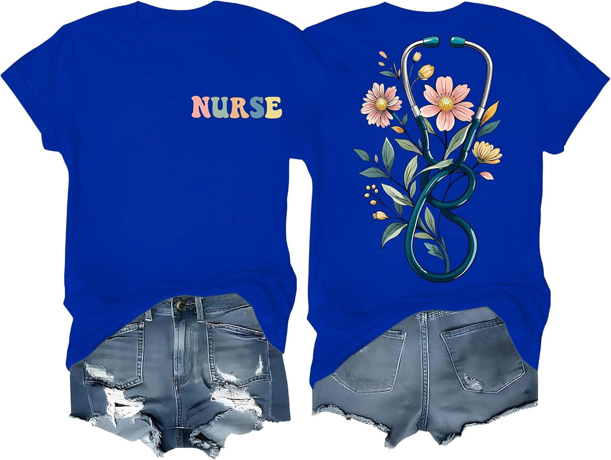 Nurse Shirts for Women Nurse Life T Shirt Funny Boho Floral Stethoscope Graphic Tshirt - Royal Blue