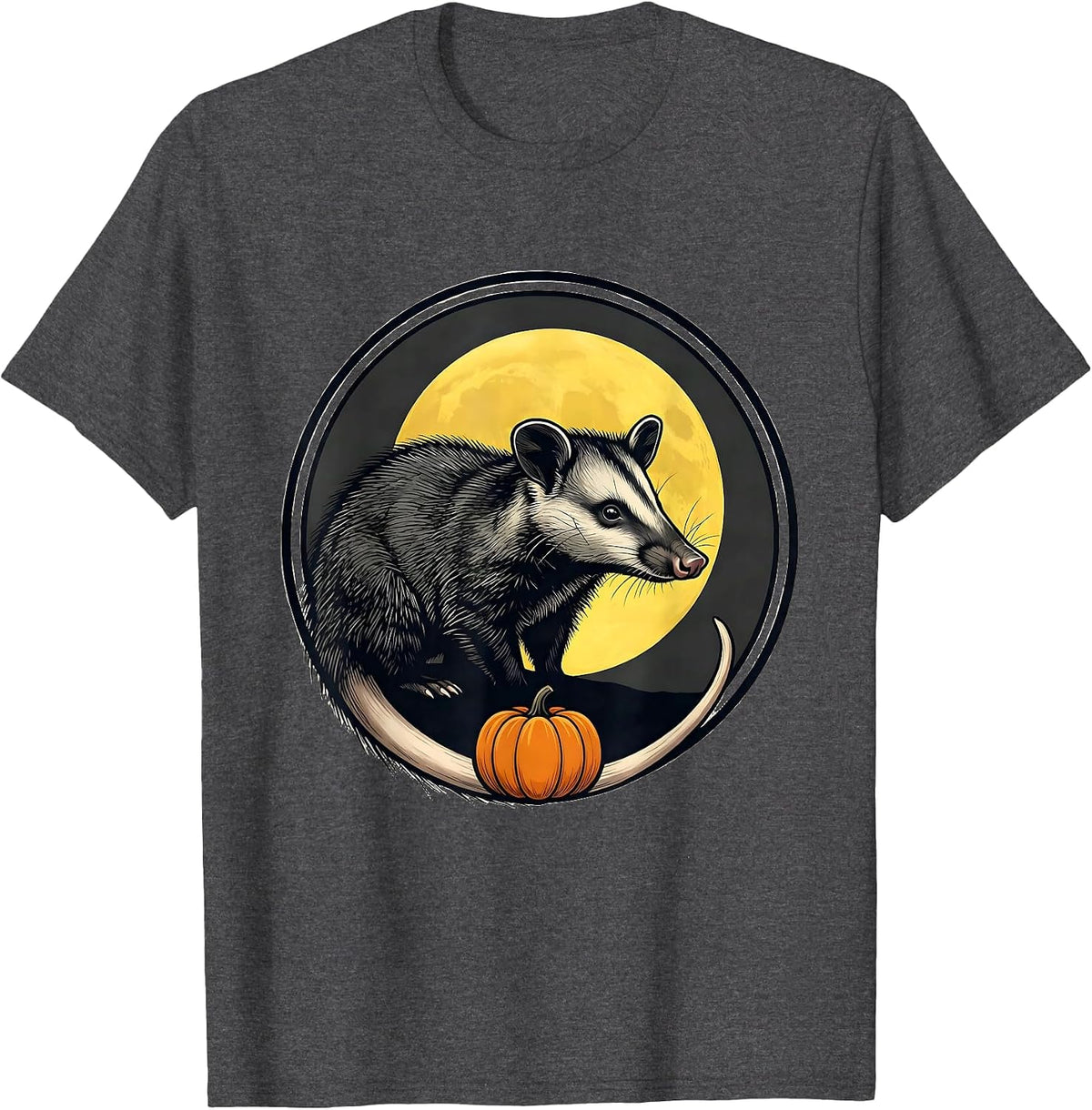 Opossum Moon Badge Spooky Halloween Novelty T-Shirt - Dark Heather Grey