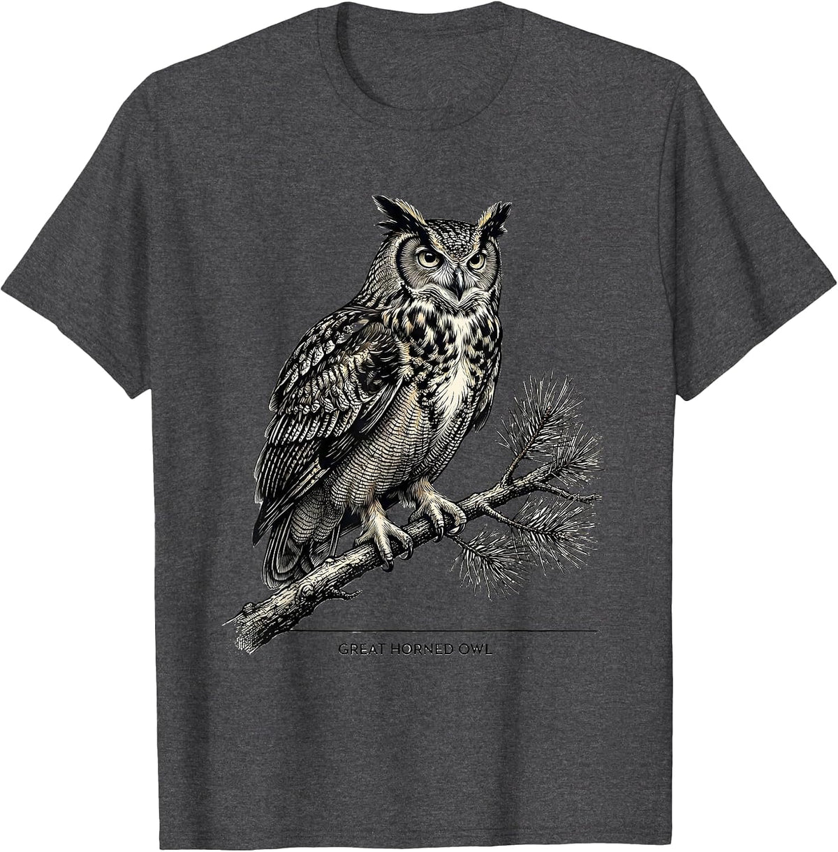 Men's Great Horned Owl Vintage Forest Wildlife Nature Reflection T-Shirt - Dark Heather Grey