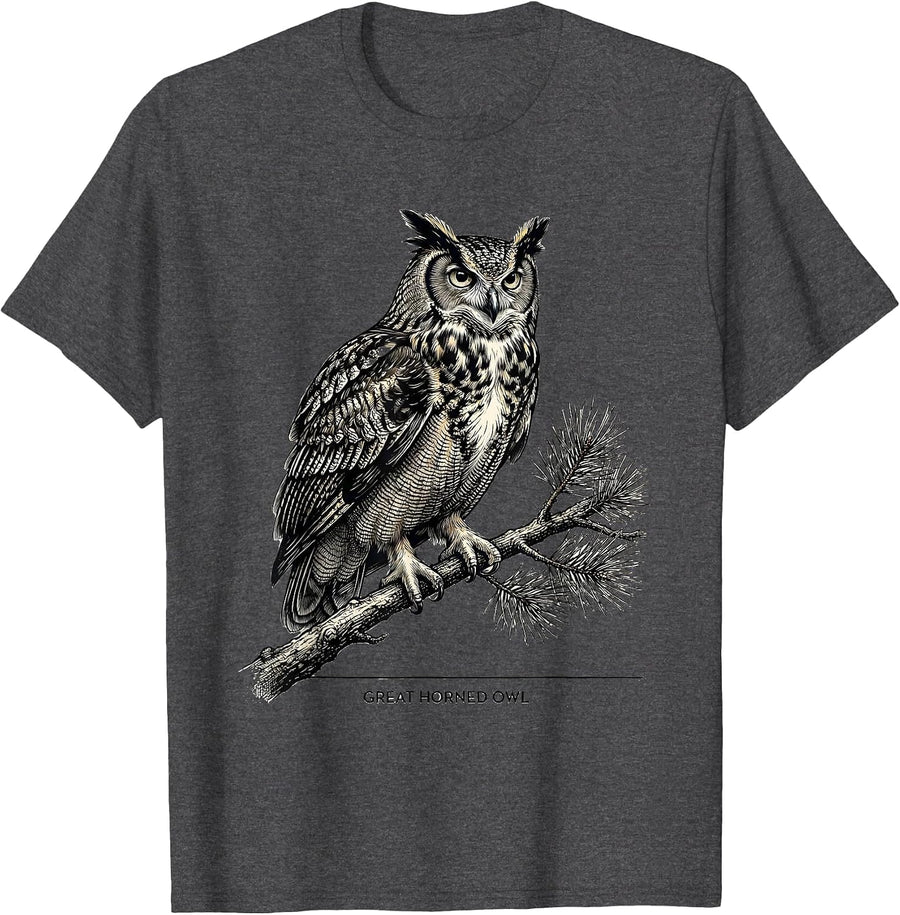 Men's Great Horned Owl Vintage Forest Wildlife Nature Reflection T-Shirt - Dark Heather Grey
