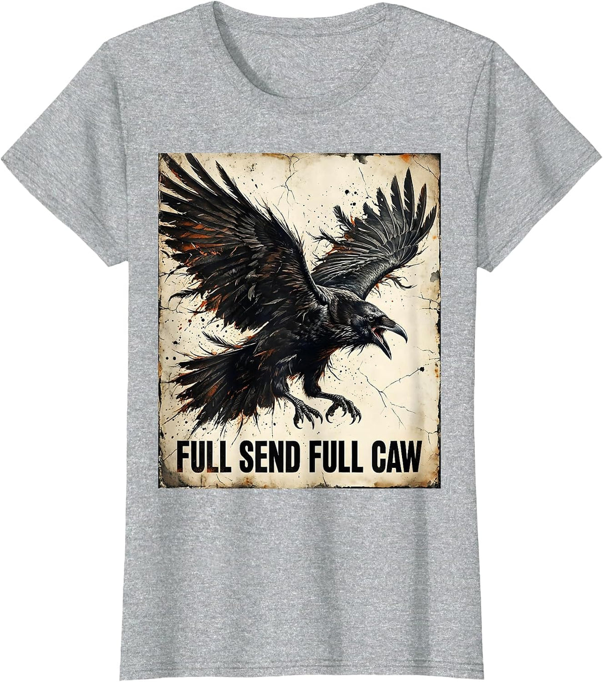 Women's Full Send Full Caw Bold Crow Graphic Design T-Shirt - Heather Grey