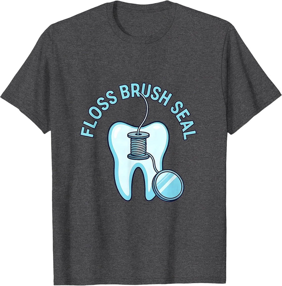 Men's Floss Brush Seal Bold Dental Hygienist Humor Squad T-Shirt - Dark Heather Grey