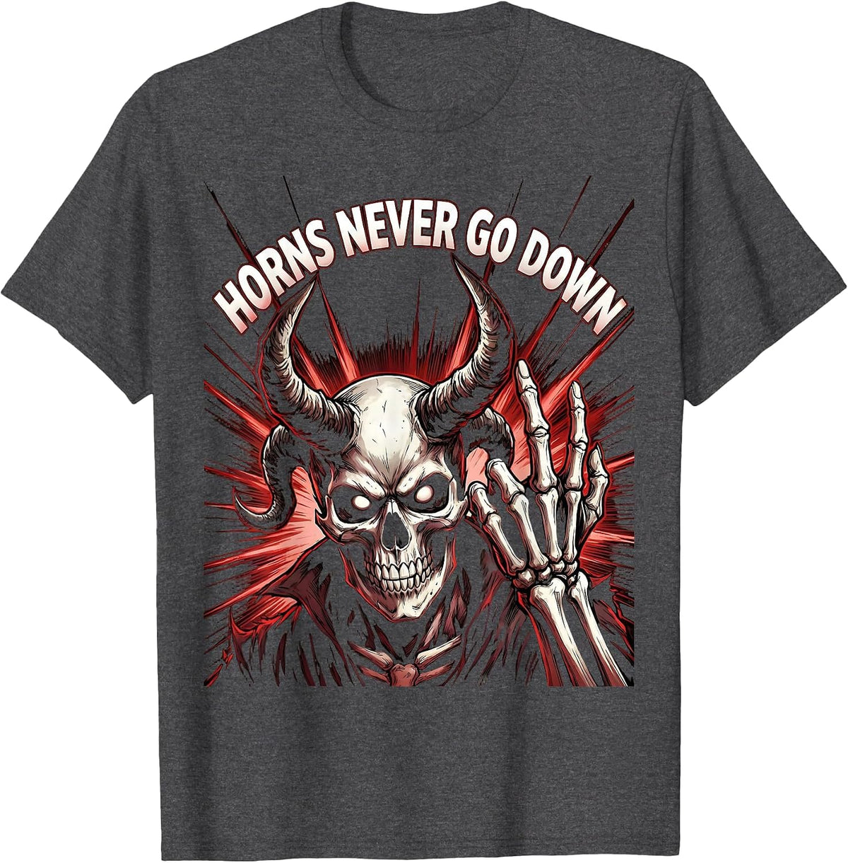 Horns Never Go Down Heavy Metal Music Design T-Shirt - Dark Heather Grey