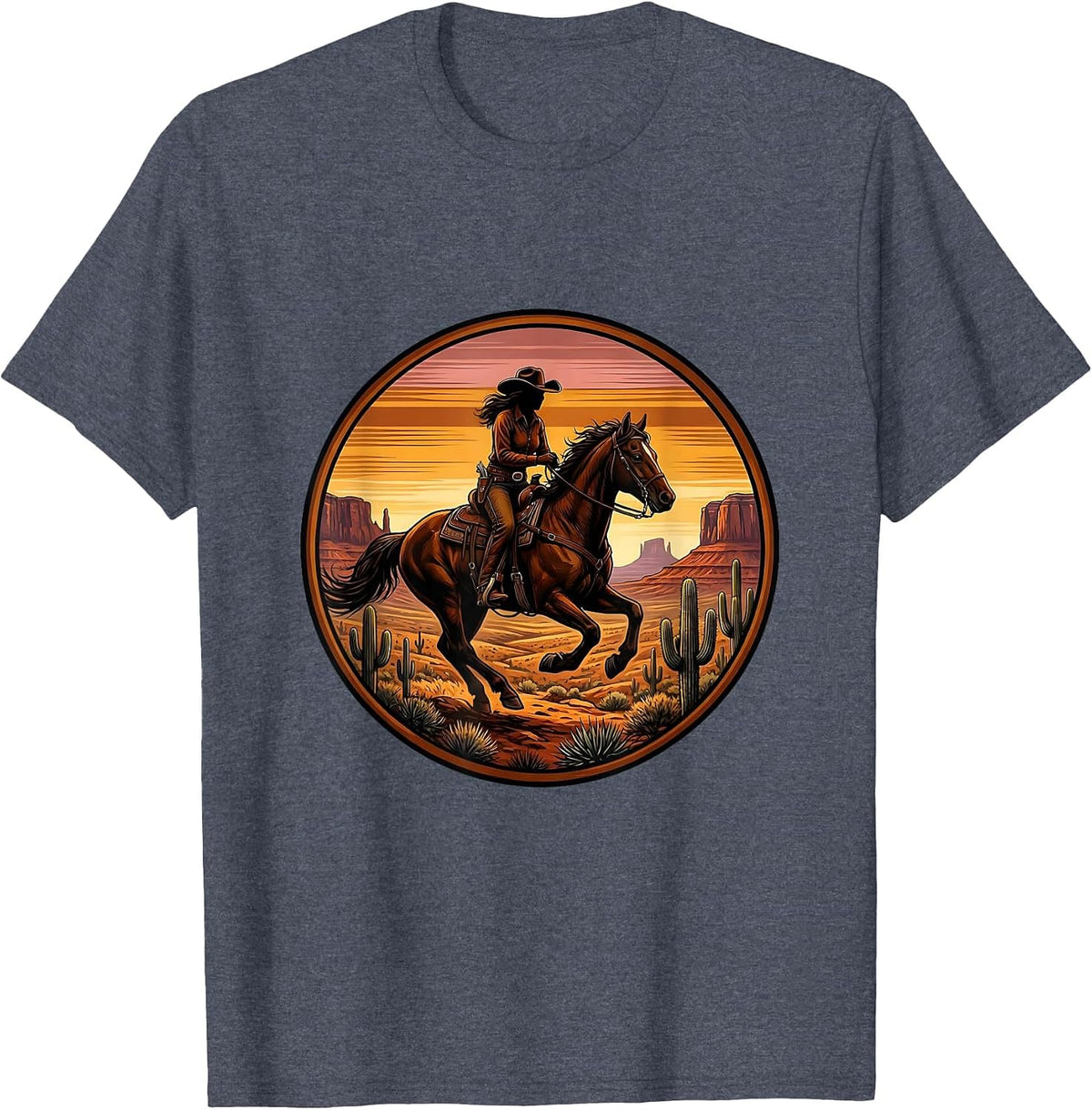 Denim Cowgirl Riding Horse Desert Sunset T-Shirt - Heather Blue
