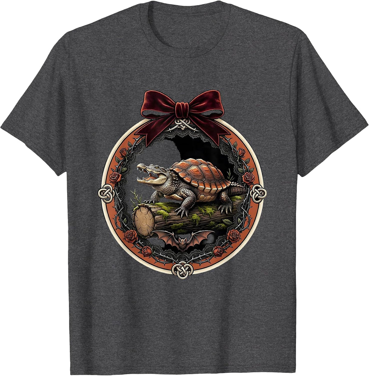 Men's Alligator Snapping Turtle on Mossy Log Illustration T-Shirt - Dark Heather Grey