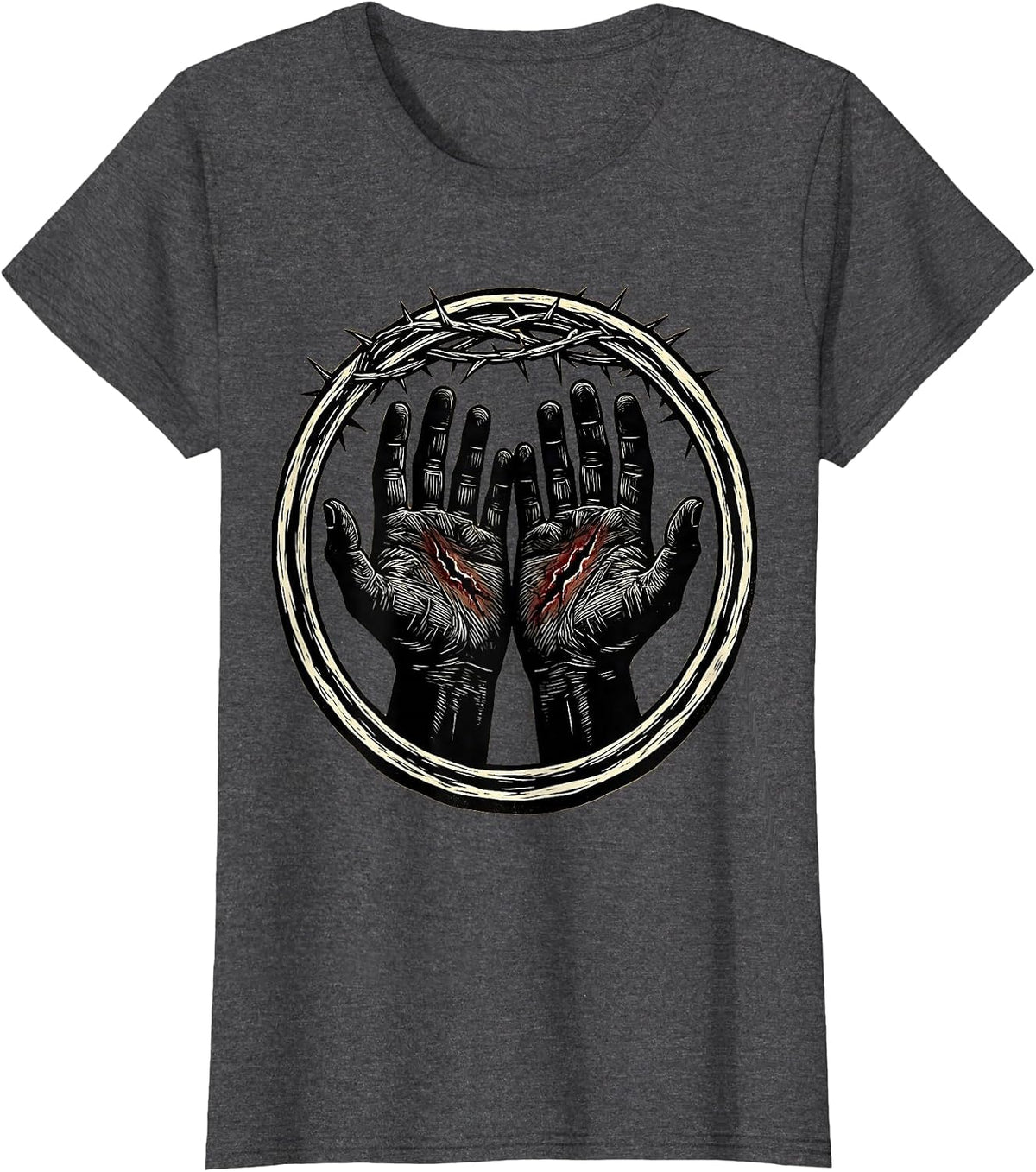 Women's Jesus Nail Scarred Hands Faith Graphic T-Shirt - Dark Heather Grey