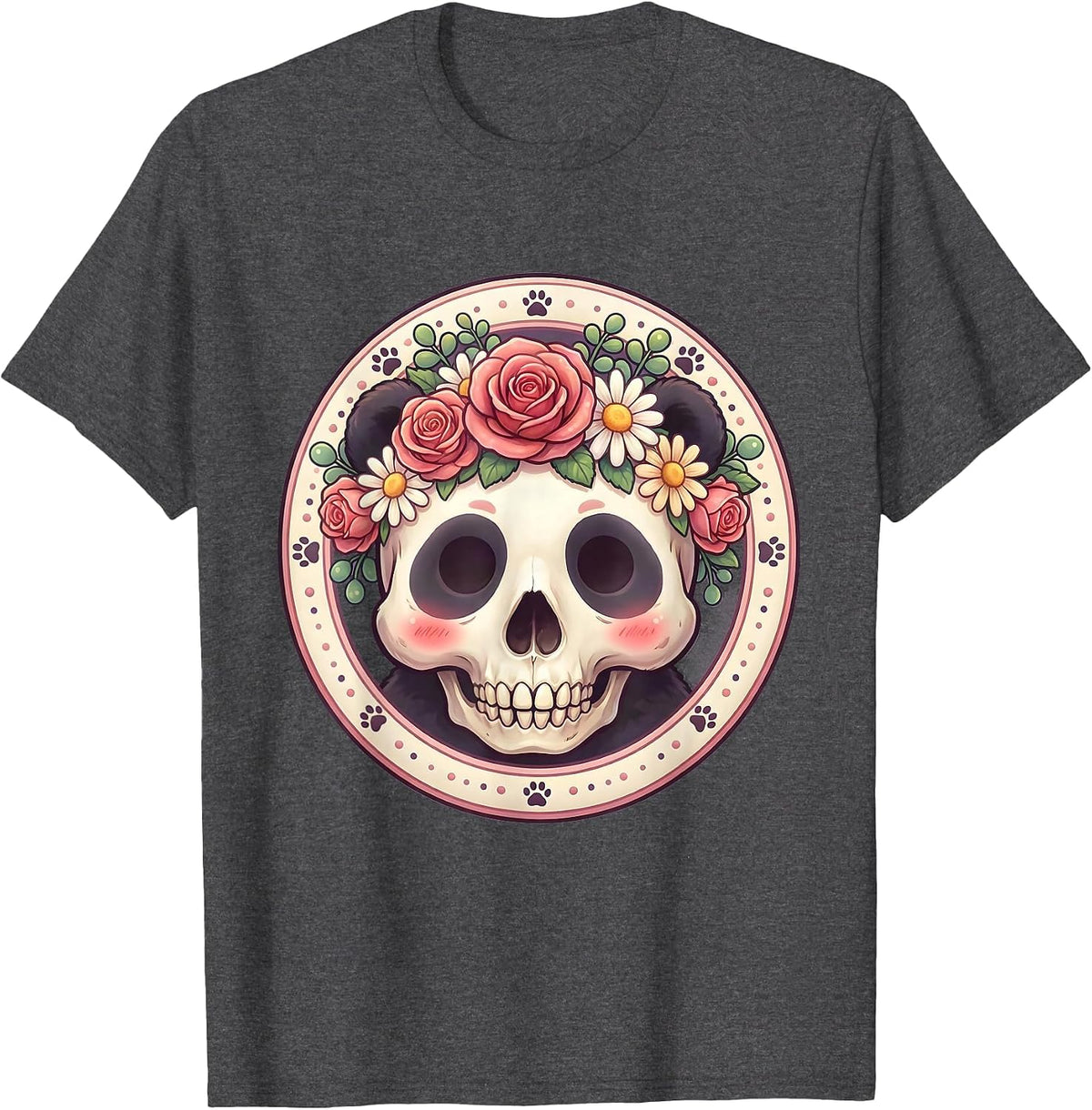 Men's Panda Skull Floral Crown Dark Art Design T-Shirt - Dark Heather Grey