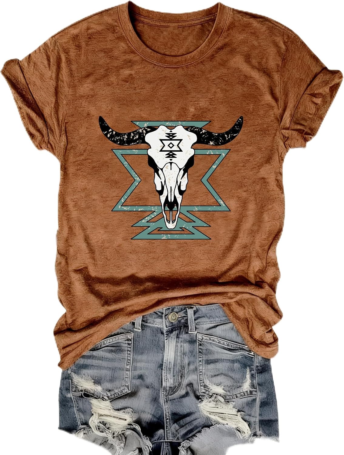 Cowgirl Shirts for Women Western Cowboy Graphic T Shirt Country Concert Tee Tops Boho Aztec Rodeo Outfit - Brown-skull