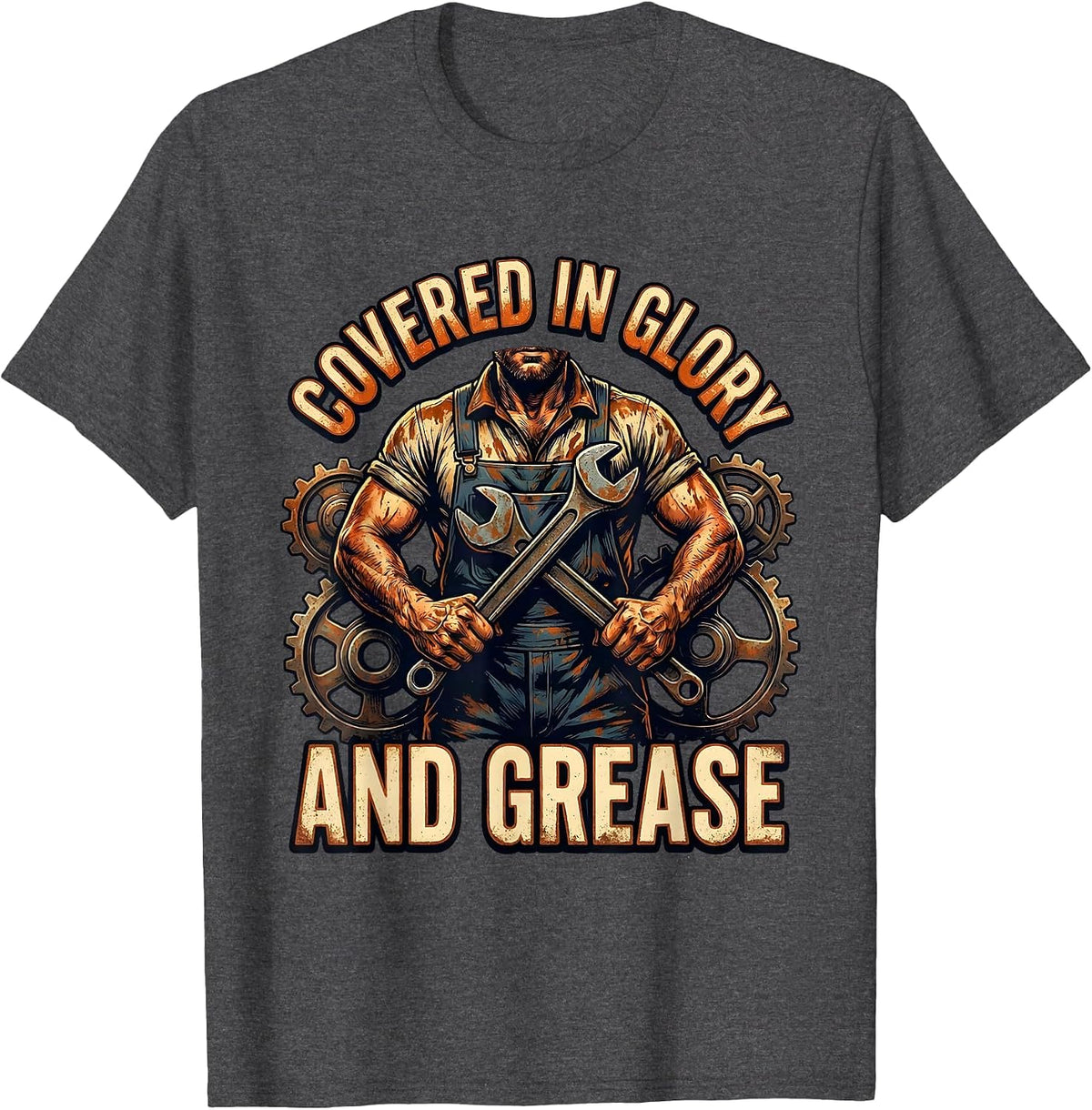Men's Covered in Glory and Grease Mechanic Design T-Shirt - Dark Heather Grey