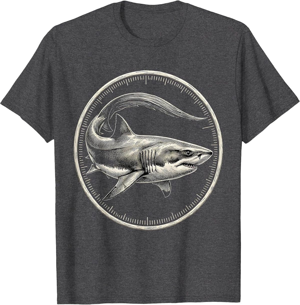 Men's Thresher Shark Engraved Badge Vintage Ocean Animal Humor T-Shirt - Dark Heather Grey