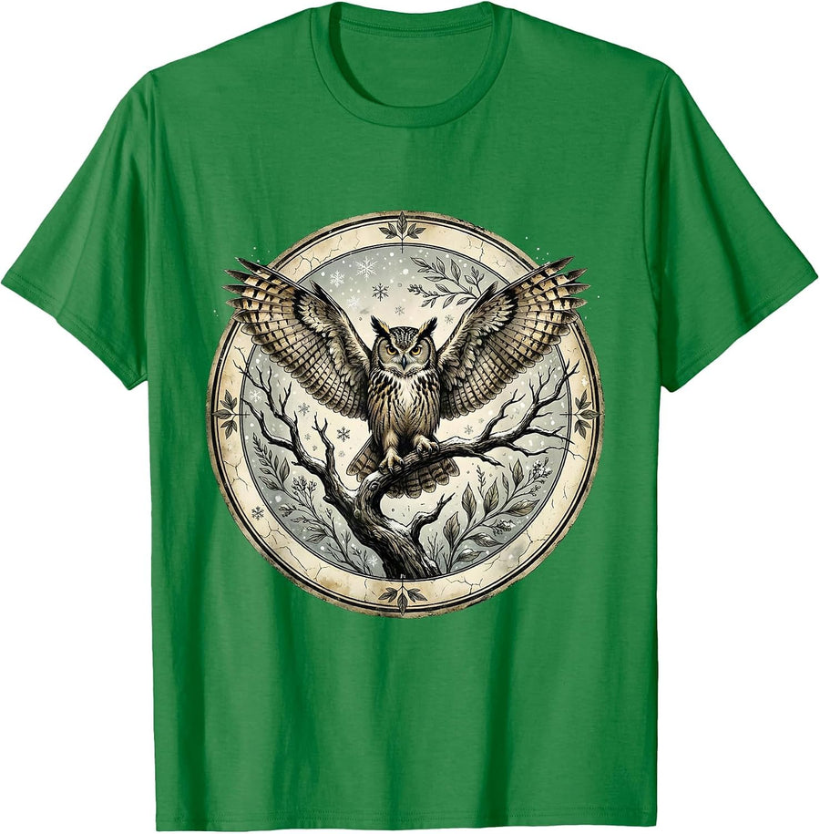 Men's Owl on Branch Winter Snowfall Nature Design T-Shirt - Kelly Green