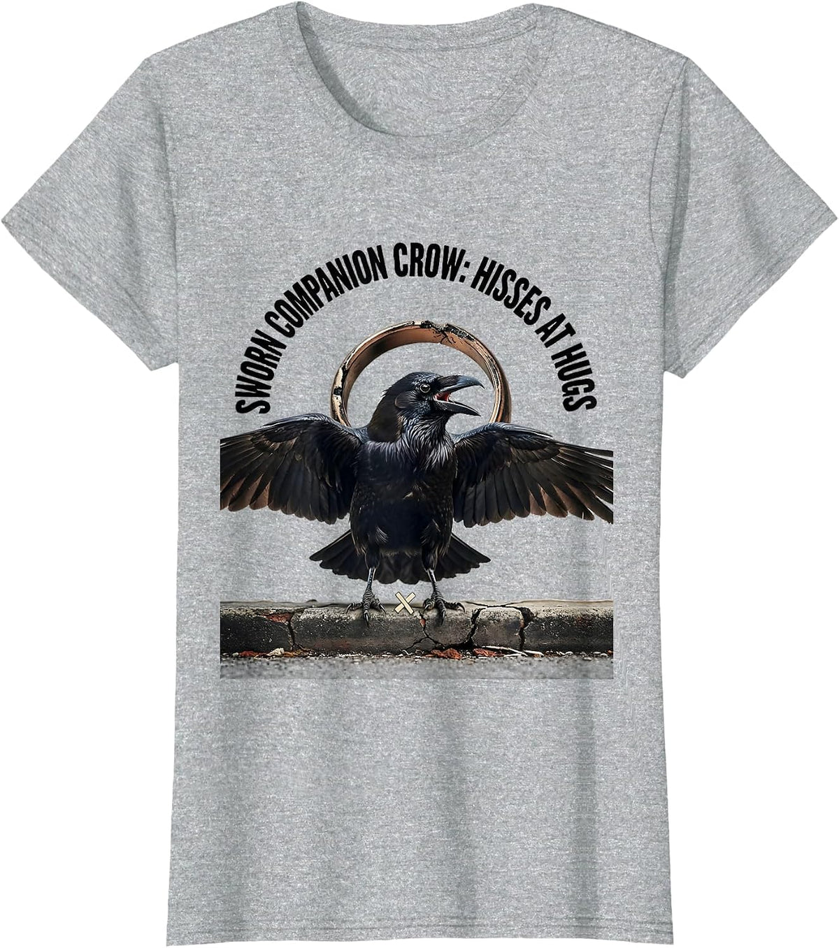 Women's Sworn Companion Crow Hisses At Hugs Funny Bird Lover Gothic T-Shirt - Heather Grey
