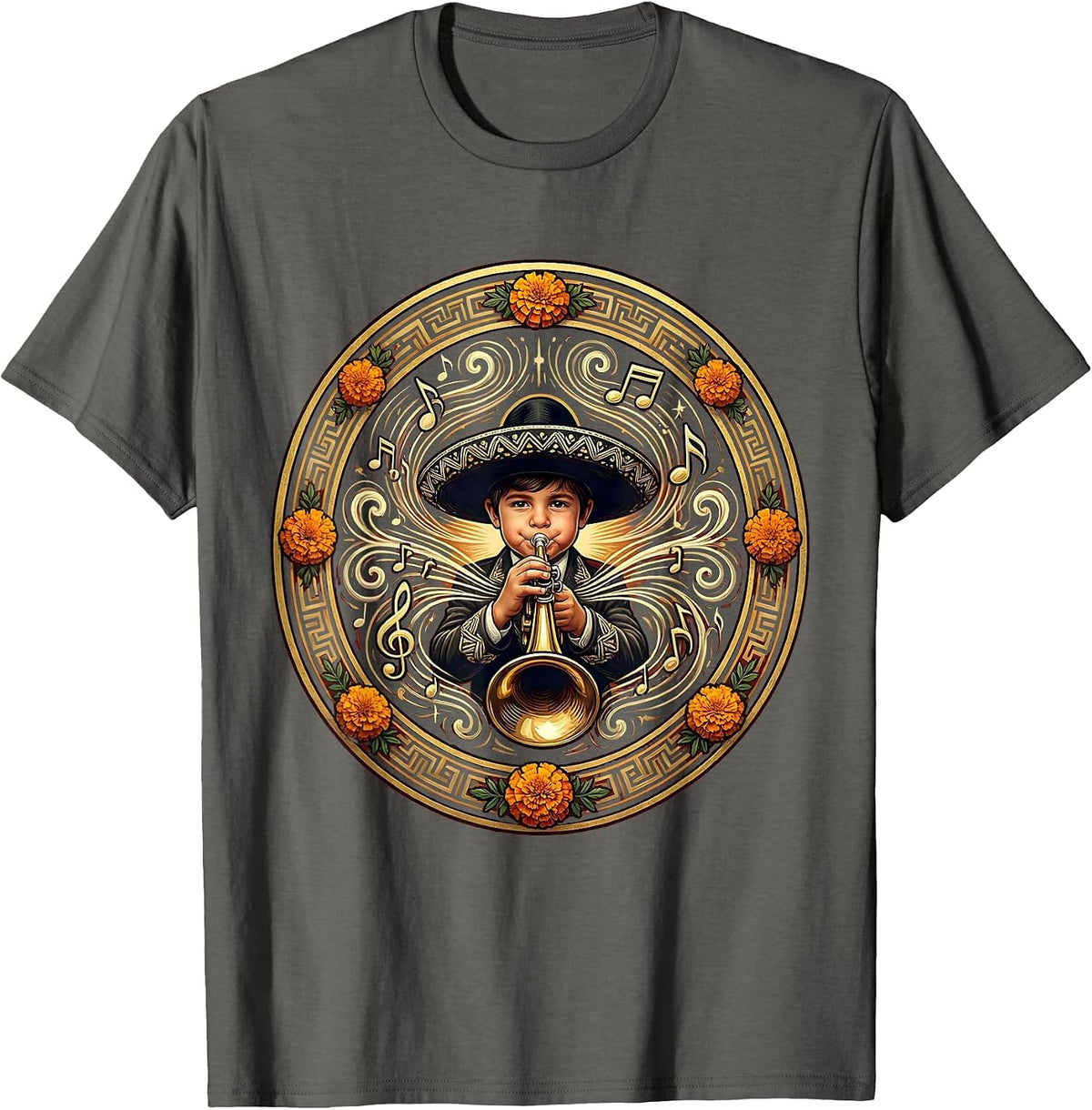 Mexican Boy Trumpet Player Musical Notes Graphic T-Shirt - Asphalt Grey