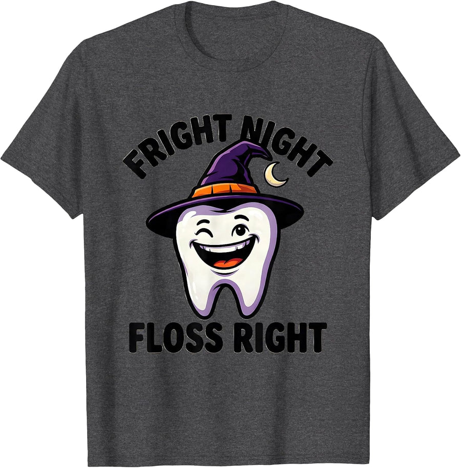 Men's Fright Night Floss Right Funny Dental Hygienist Halloween T-Shirt - Dark Heather Grey