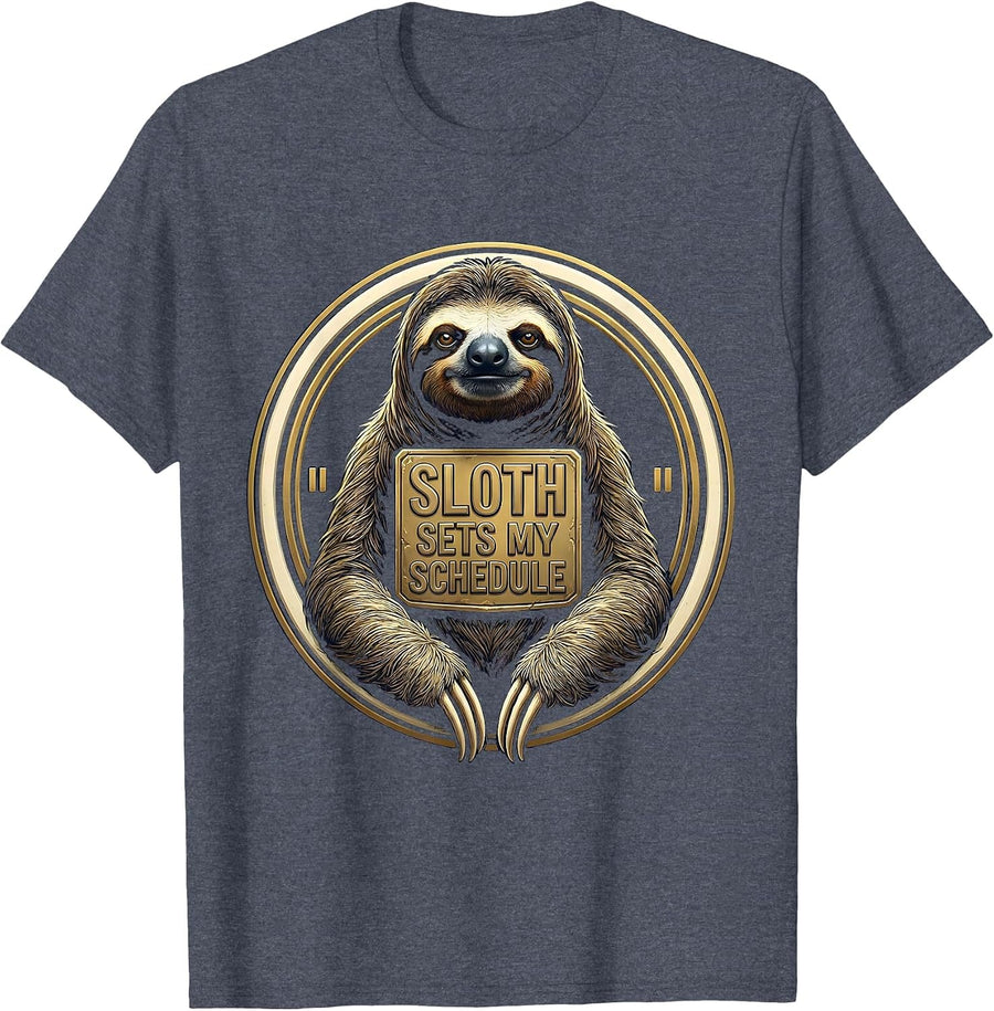 Sloth Sets My Schedule Funny Sloth Lover Humor Novelty T-Shirt - Heather Blue