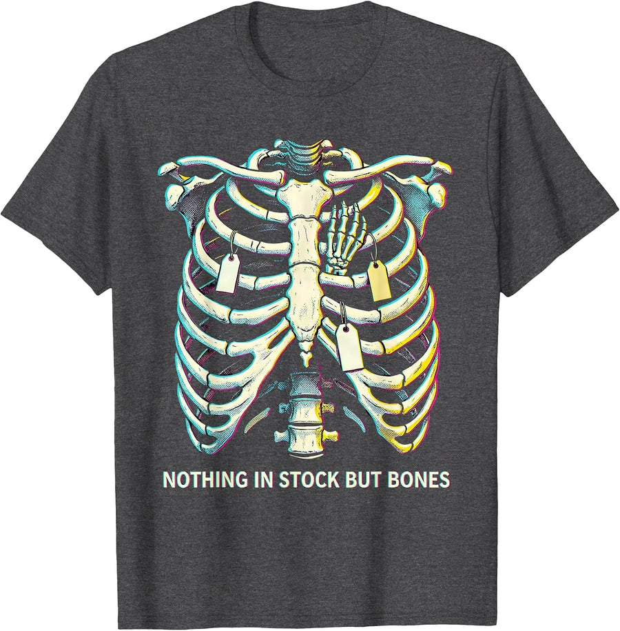Men's Nothing In Stock But Bones Funny Pharmacy Tech Halloween T-Shirt - Dark Heather Grey