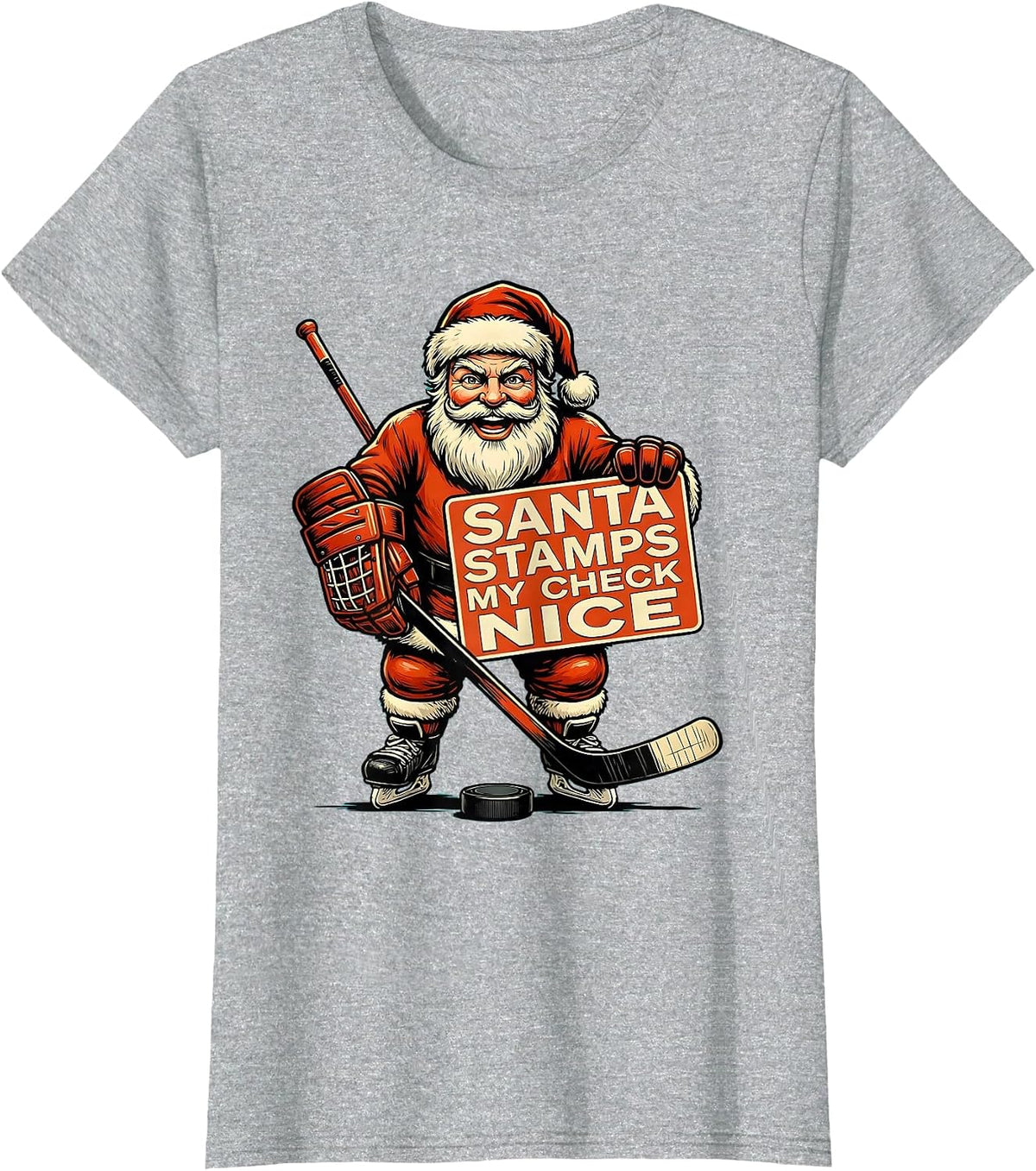 Santa Stamps My Check Nice Retro Advertising Hockey Fan T-Shirt - Heather Grey