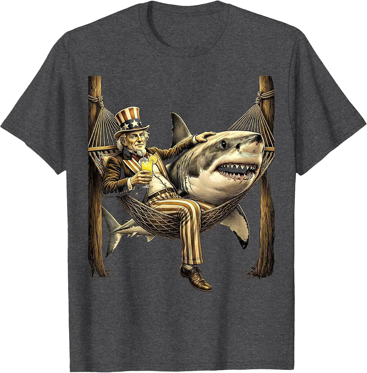 Shark Relaxing in Hammock with Lemonade T-Shirt - Dark Heather Grey